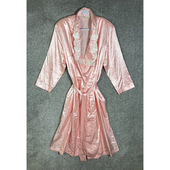 Vintage Victorias Secret Pink Satin Robe Size‎ M/L Floral Applique POCKETS - Picture 1 of 8